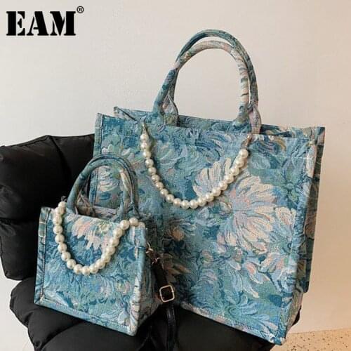 [EAM] Handle Bag Female Retro PU Leather Luxury Shoulder Bag New 2021 Fashion Printed Pearl Chain Crossbody Clutch Tide 18A5453