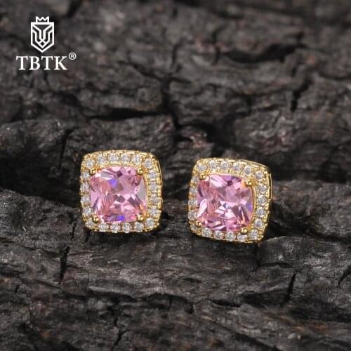 TBTK Square Pattern Pink Zircon Earring Paved Baguette Cubic Zirconia Copper Earring Fashion Hiphop Jewelry Gift Women