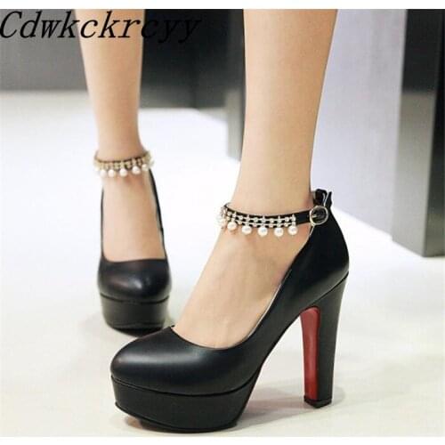 Autumn New pattern fashion Round head temperament High-heeled Shoes white black Pink blue Pearl Rhinestone marry Women Shoes