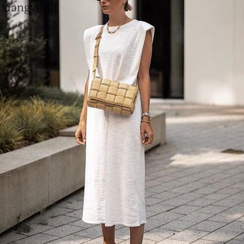 Casual Shoulder Padded Sleeveless T shirt Dress Women Ladies Cotton Long Dress 2020 New Autumn England Split Loose Dresses