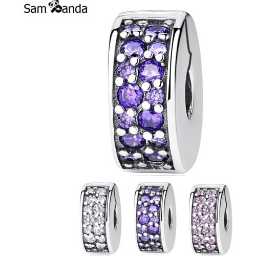 100% 925 Sterling Silver Pink Purple White Safety Stopper DIY Crystal Bead Charms Fit Pandora Original Bracelets Bangles Jewelry