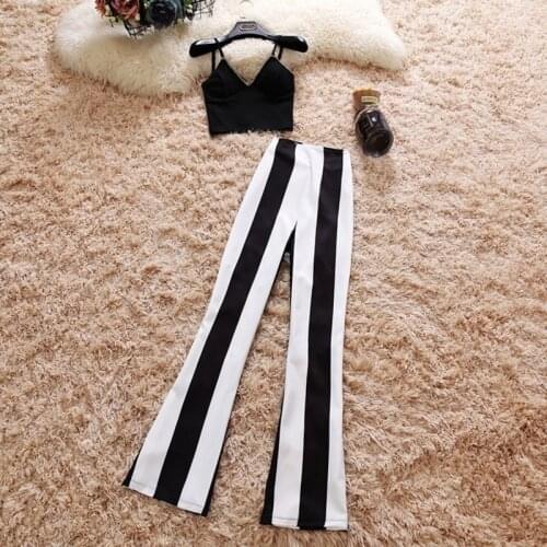 2019 condole v-neck sleeveless vest striped brief paragraph chiffon micro horn trouser suit