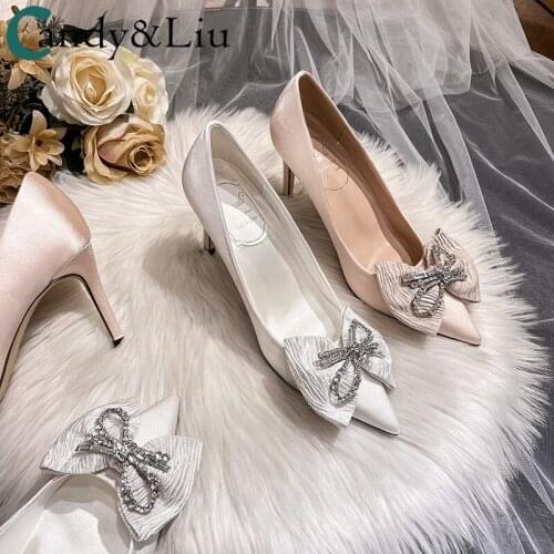 White bridal shoes bow pointy high heels womens stilettos champagne bridesmaids shoes size 42 43