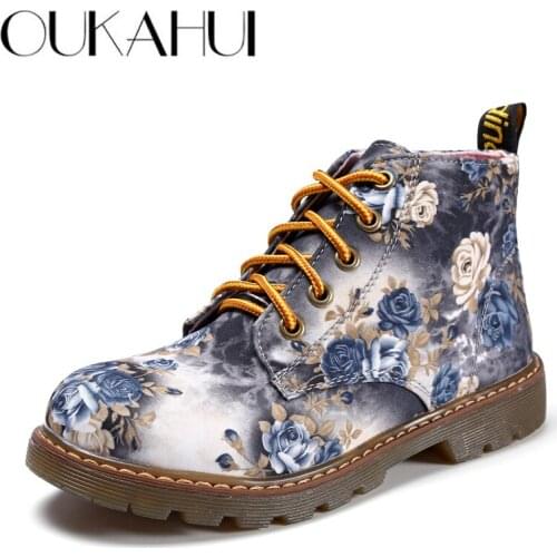 OUKAHUI British style Retro Floral lace-up martin boots women Flowers flat low heel fabric 3D printing Flower short boots female
