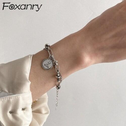 Foxanry 925 Sterling Silver Bracelet Trendy Rock Hip Hop Vintage Couples Smiley Unique Double Chain Party Jewelry Gifts Handmade