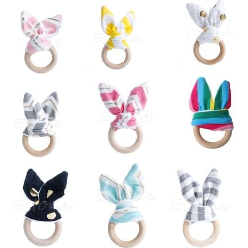 Wooden Bunny Rattle Toy BPA Free Wood Ring Baby Teether Rodent Baby Gym Mobile Rattles Newborn Educational Toys Bunny Teether