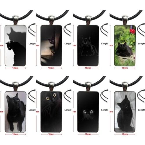 For Wedding Black Cat Animal Lovely Fashion Glass Cabochon Pendant Necklace Women Steel Color Choker Rectangle Necklace