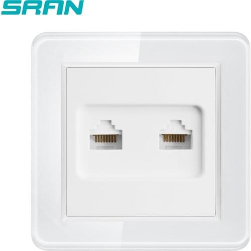 SRAN EU standard wall dual RJ45 socket internet interface white Glass panel 82mm*82mm double Internet socket