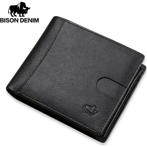 BISON DENIM Genuine Leather Men Wallet Fashion Cowhide Coin Pocket Card Holder Men Bifold Purse High Quality Short Wallets N4502