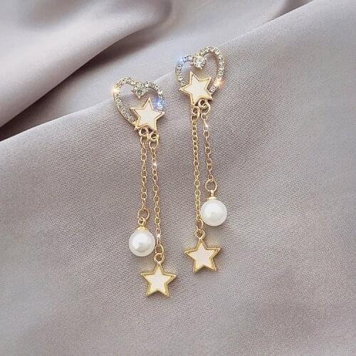 2020 New Korean Crystal Trendy Exquisite Star Long Tassel Dangle Earrings For Women Temperament Simulated-pearl Pendant Jewelry