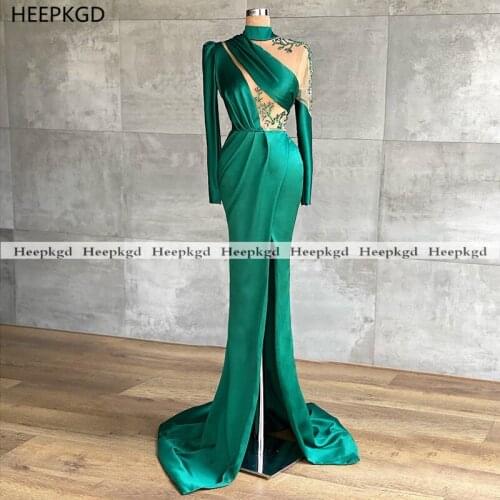New Green 2021 Mermaid Evening Dress Front Slit Beads Sheer Satin Formal Women Dresses Plus Size Evening Gowns Long Sleeves