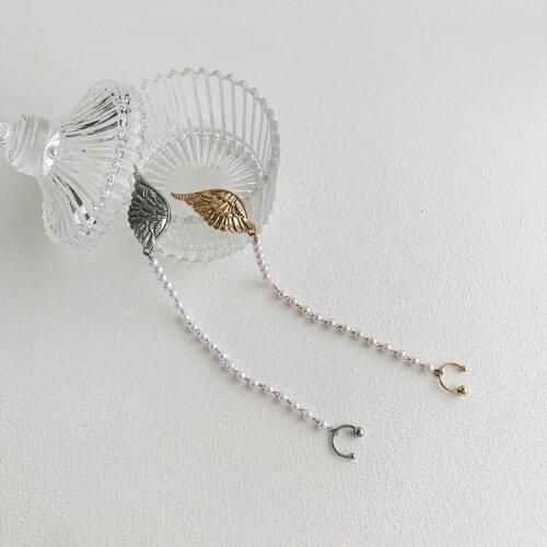 Origin Summer Unique Design Feather Wings Clip Earings for Women Korean Fashion Round Beads Chain Earings Party Jewelry Dropship