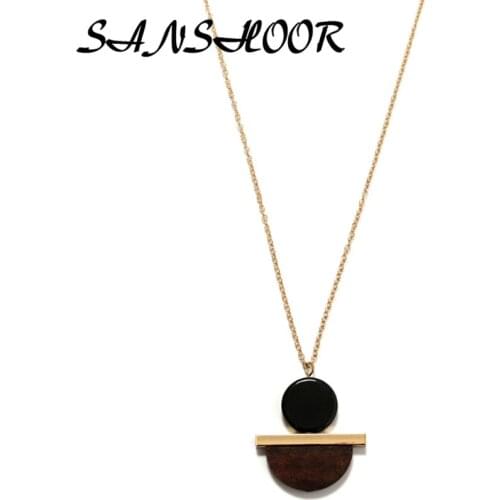 SANSHOOR Arrival Simple Sweater Long Wooden Necklace Geometric Bead Handmade Leisure Bead Pendant Long Chain Necklace For Female