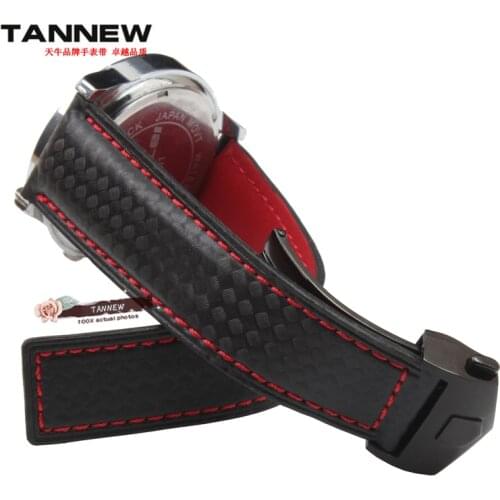 Bottom carbon fiber leather watch strap red stitching 20mm 22mm Black Watch Parts Bangle Watch Strapping