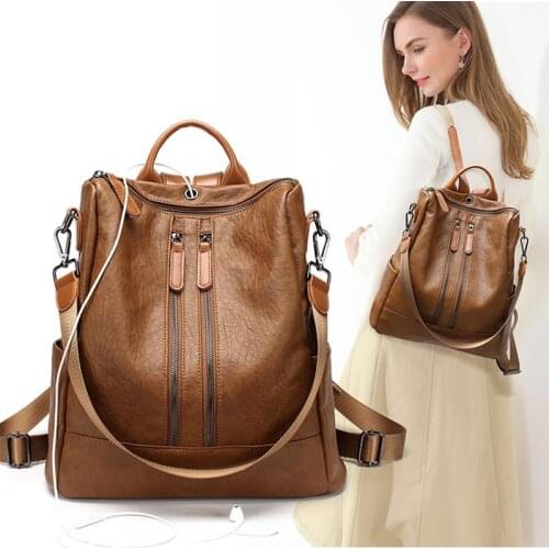 Double Front Zipper Backpack For Women Large Size Backpack PU Leather Ladies Rucksack Shoulder Bag