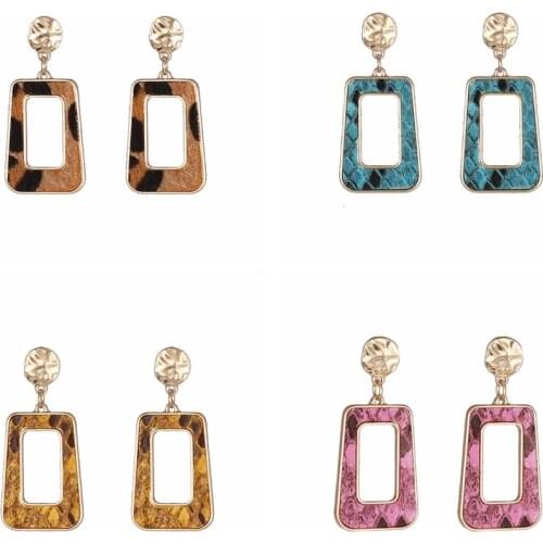 Global Trendy Leopard Snakeskin Leather Geometric Rectangular Frame Drop Earrings Gold Dangle Earings Brand Jewelry