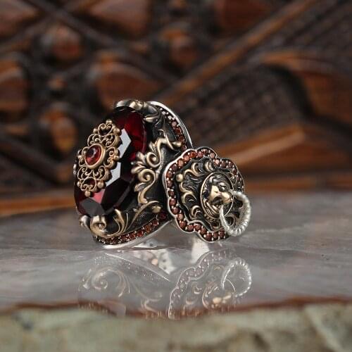 Zircon 925 Silver Traditional Handmade Turkish Ring Luxury Lion Engraving Quality Best Craftman Jewelry Gift for Women Men