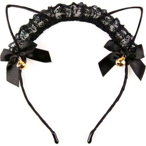 Ears Cosplay Headband with Small Bells Bowknot Ruffles Lace Lolita Hair Hoop