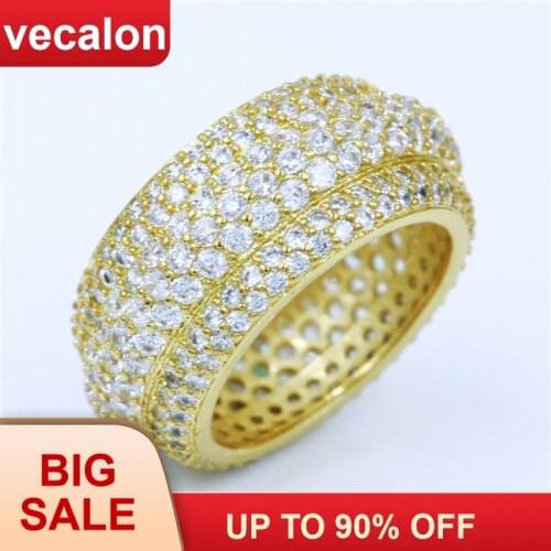 Vecalon Luxury Women ring Pave set 320pcs 5A Zircon Cz Yellow Gold Filled 925 silver Anniversary wedding ring for women men