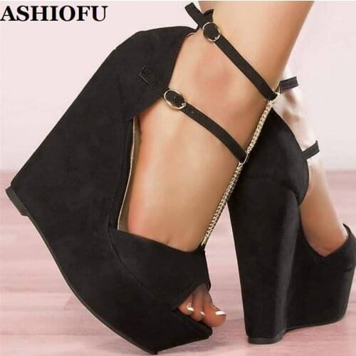ASHIOFU Handmade Women Wadge Heel Sandals Peep-toe Double Buckle Straps Party Club Shoes Party Prom Fashion Sandals Shoes