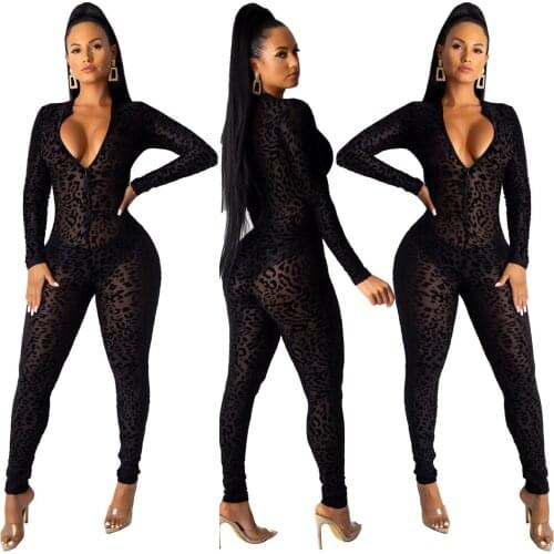 Bl Fashion Sexy Gauze Flocking Leopard-print Long Sleeve Perspective Spot one piece Evening playsuit Elegant Turtle Neck Women
