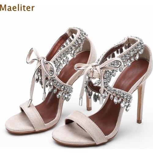 Great Quality Girls Bling Bling Crystal Sandals Tie-up Single Strap Dress Shoes Ankle Rhinestone Stiletto Heel Wedding Sandals
