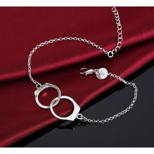 Pure 925 Silver Bracelets Handcuffs Chain Women Men Wedding Fashion Jewelry Valentines Day Gifts lady 20cm