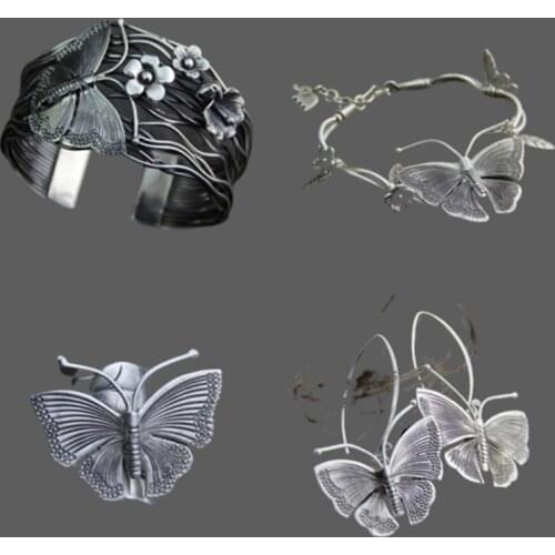 Buyee 925 Sterling Silver Classic Jewelry Sets Butterfly Extra Wide Armband Bracelets Ethnic Style Rock Punk Earring for Women