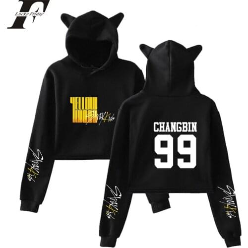 Stray Kids Cat Crop Top oversized hoodie sweatshirt Women Album Yellow Wood korean Hoodies Sweatshirts Sexy clothes 2019