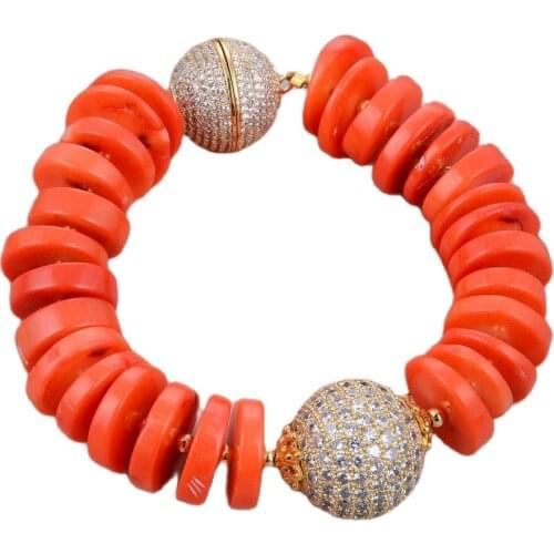 GG Jewelry Natural Freeform Disc Orange Space Corals CZ Paved Ball Bracelet For Women