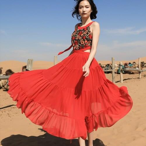 Jastie 2021 Summer Women Chiffon Dress Bohemian Long Beach Dresses Retro Embroidery Ethnic Boho Hollow Waist Sexy Maxi Dress