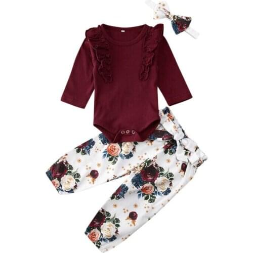 3PCs Newborn Baby Girl Ruffle Long Sleeve Romper Floral Bow Pants Hairband Outfits 3Pcs Clothes Set