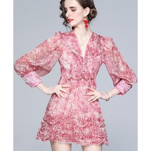 Summer Ladies Flower Printed Chiffon Party Beach Dress Elegant Women Lantern Sleeve V-Neck Cascading Ruffles Short Dresses k3940