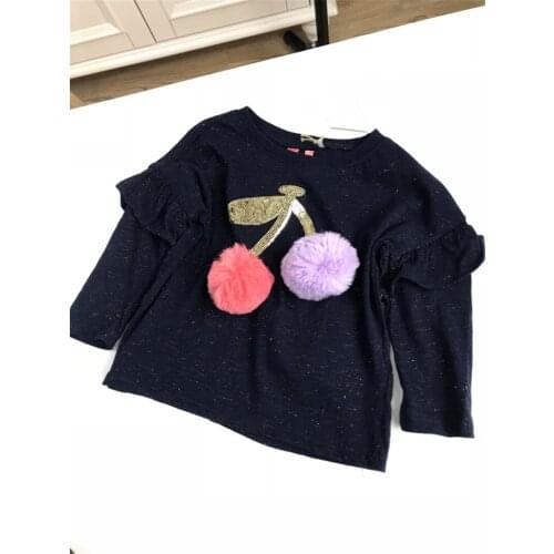 2019 Spring New Childrens Round Neck Pullover T Shirt Sequins Cherry Pompoms for Baby Girls Tee Cute Fur Ball Blouse Clothes