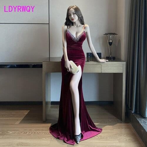 Nightclub womens deep V low-cut gold velvet sling long dress night slim backless split temperament mop the floor