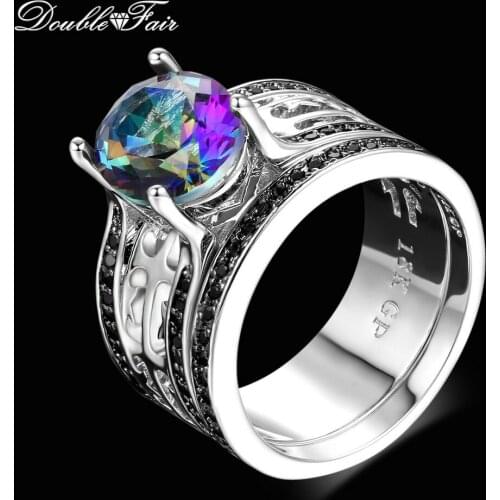 Double Fair New Style Hyperbole Oval CZ Stone 2PCS Rings Sets Silver Color Fashion Cocktail Party Jewelry For Women anel DFDD046