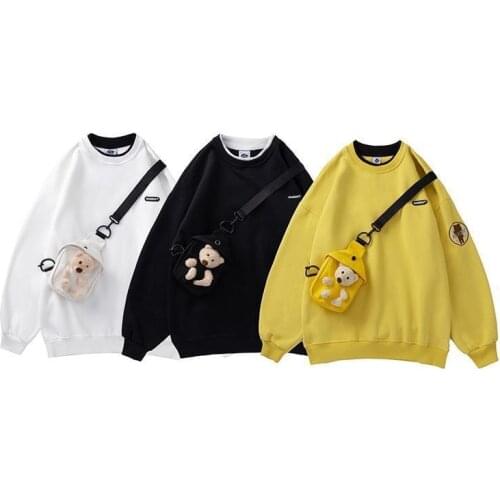 Winter Plush Thick Bear Pullover with Bag Men and Women Loose Couple Fake Two-piece Tops Long Sleeve Solid O-Neck Sweatshirt