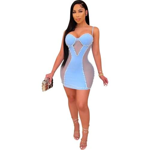 Cutubly Mesh Patchwork Sexy Club Dress Summer Solid Sexy Bodycon Dress Fashion Beading With Zipper Dresses For Women Party New