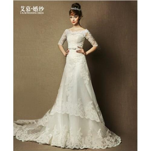 Vestido de noiva New Arrival 2016 boat neck bride cap sleeve lace Wedding Dress with half sleeve a-line bow sashes appliques