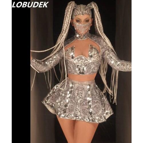 Vintage Pattern Silver Sequin Tops Skirt 2-Piece Set Women Singer Dancer Nightclub Bar Sexy Stage Wear Performance Dance Costume