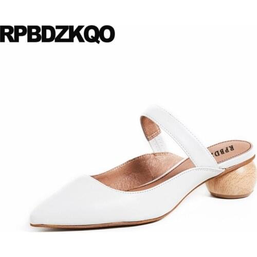 Size 4 34 high heels genuine leather medium mary jane brand designer shoes women pointed toe chunky ladies mules slipper pumps