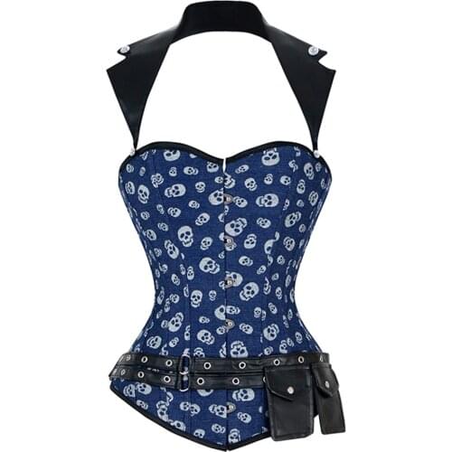 Womens Sexy Gothic Punk Overbust Corset Halter Skull Print Corset Top Burlesque Corsets Bustiers with Faux Leather Pouch Belt