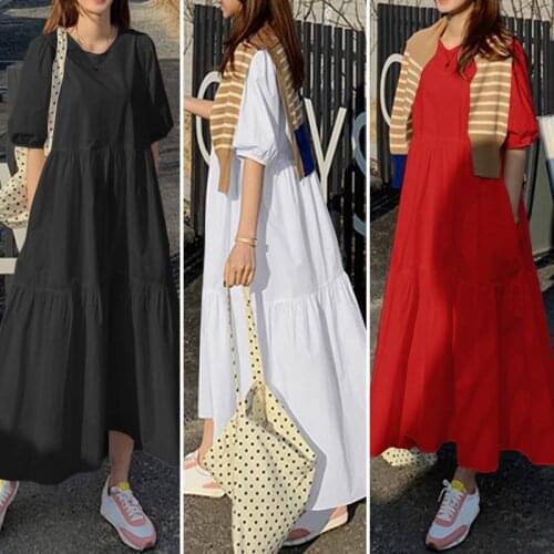 Quality 2021 Spring OL Temperament Womens Cotton Short-sleeved Round Neck Loose Waist Strap A-line Skirt Dress