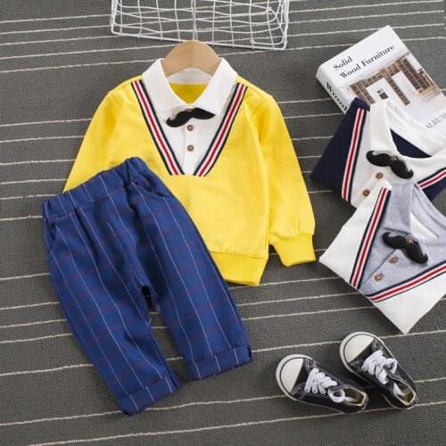 2021 Baby Boy Clothing Sets Kids Gentleman Fake Two Shirt with Mustache Tie + Pants Party Handsome Kid Clothing for Boys Clothes