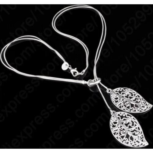 Brand Designer Vintage Double Leaves Pendant Necklaces Collier 925 Sterling Silver Chain Women Elegant Necklace