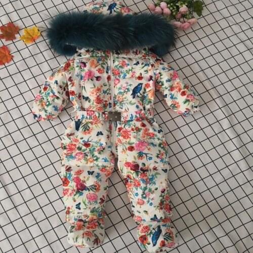 Kids printed white Down Jacket Winter Hooded Snow Wear baby girl Thicker Warm Windproof big Fur Collar Down outwear romper