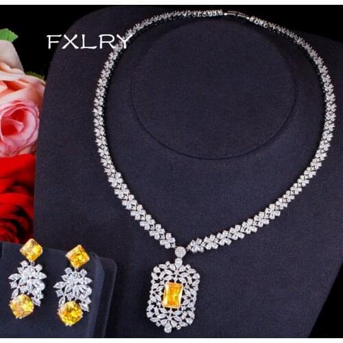 FXLRY Gorgeous AAA Cubic Zirconia Flower Necklaces Earring For Wedding Bride Jewelry Sets
