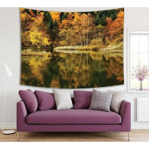 Tapestry Colorful Autumn Trees Forest Reflection on Hidden Lake Nature Seasonal Landscape Green Orange Mustard View Printed