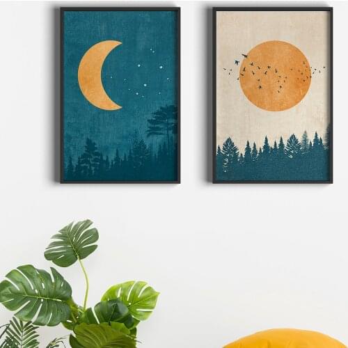 Abstract Boho Landscape Pictures Moon Sun Posters And Prints Vintage Wall Art Nordic Forest Canvas Painting For Bedroom Decor