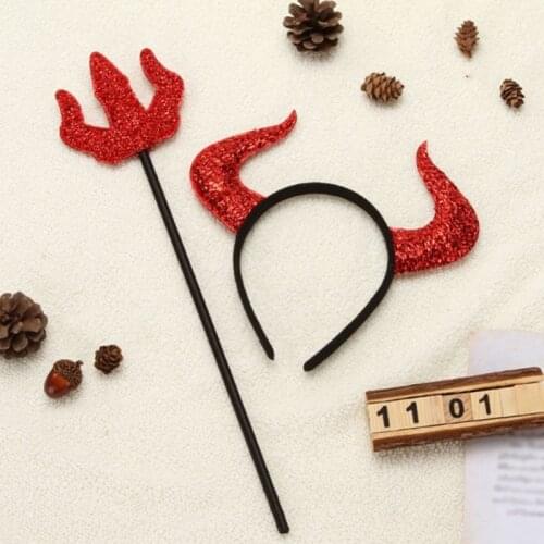 Red Devil Costume Set Devil Horn Headband and Red Devil Pitchfork Kit for Girls Women Halloween Party Cosplay Accessories